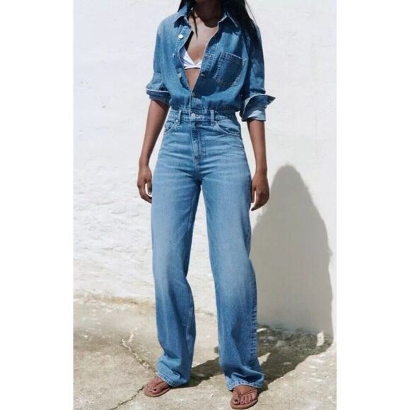 Zara Women Jean Jumpsuit S Blue Denim Cotton One Piece Straight Leg 8197/181 NWT - Picture 1 of 12